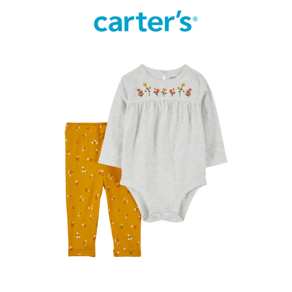 Carter's Baby Girl Gray Bodysuit Set with Yellow Floral Pants 0-24M