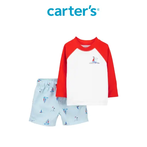 Carter's Red and White Baby Boy Long Sleeve Swimsuit Set with Blue Pants 0-24M
